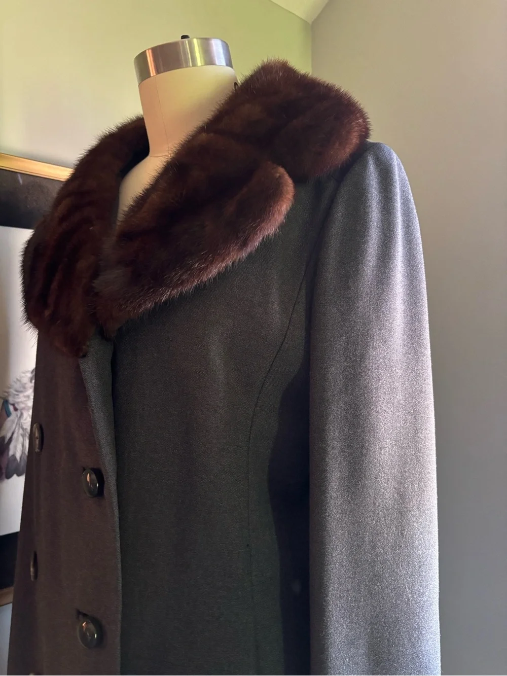 Women's Grey Wool Coat with Fur Collar